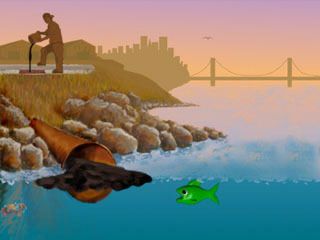 Cartoon Fish finds an Oil Slick in San Francisco Bay