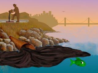 Cartoon Fish escapes an Oil Slick in San Francisco Bay